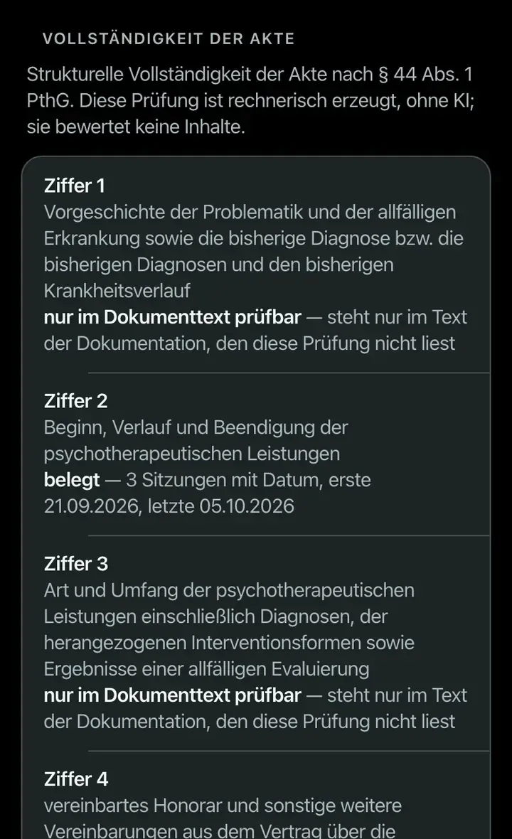 Abschnitt „Vollständigkeit der Akte“: die Ziffern aus § 44 Abs. 1 PthG mit Zuständen wie „belegt“ und „nur im Dokumenttext prüfbar“