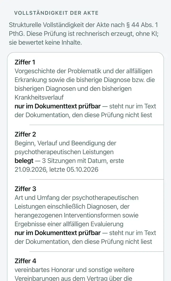Abschnitt „Vollständigkeit der Akte“: die Ziffern aus § 44 Abs. 1 PthG mit Zuständen wie „belegt“ und „nur im Dokumenttext prüfbar“