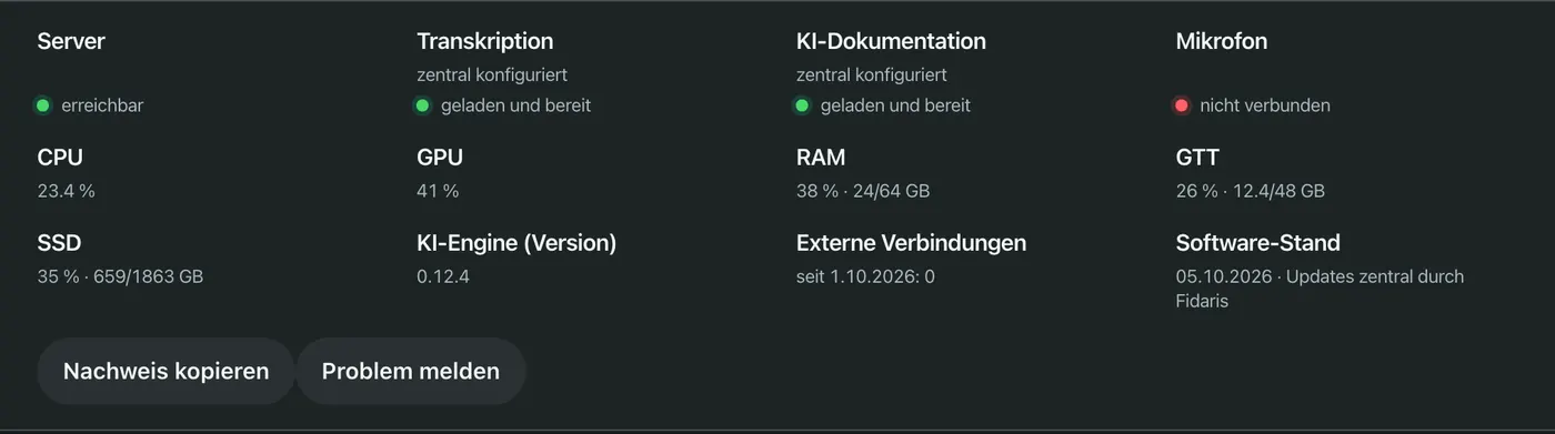 Systemdetails des Fidaris-Geräts mit der Zeile „Externe Verbindungen seit 1.10.2026: 0“ und der Schaltfläche „Nachweis kopieren“