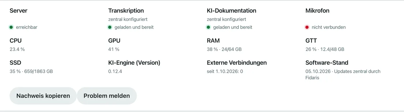 Systemdetails des Fidaris-Geräts mit der Zeile „Externe Verbindungen seit 1.10.2026: 0“ und der Schaltfläche „Nachweis kopieren“