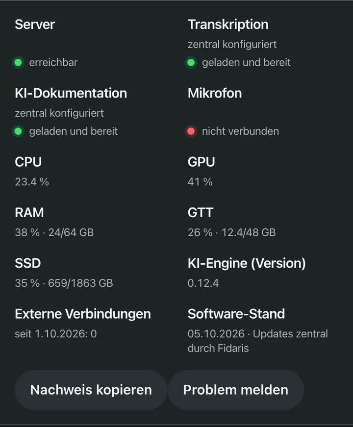 Systemdetails des Fidaris-Geräts mit der Zeile „Externe Verbindungen seit 1.10.2026: 0“ und der Schaltfläche „Nachweis kopieren“