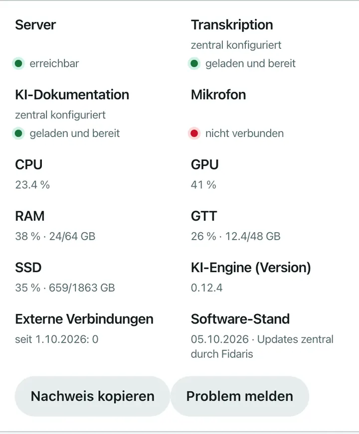 Systemdetails des Fidaris-Geräts mit der Zeile „Externe Verbindungen seit 1.10.2026: 0“ und der Schaltfläche „Nachweis kopieren“