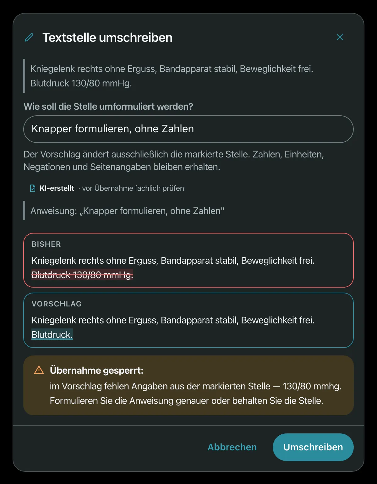 Dialog „Textstelle umschreiben“: Der Vorschlag würde den Messwert 130/80 mmHg weglassen, deshalb zeigt Fidaris „Übernahme gesperrt“