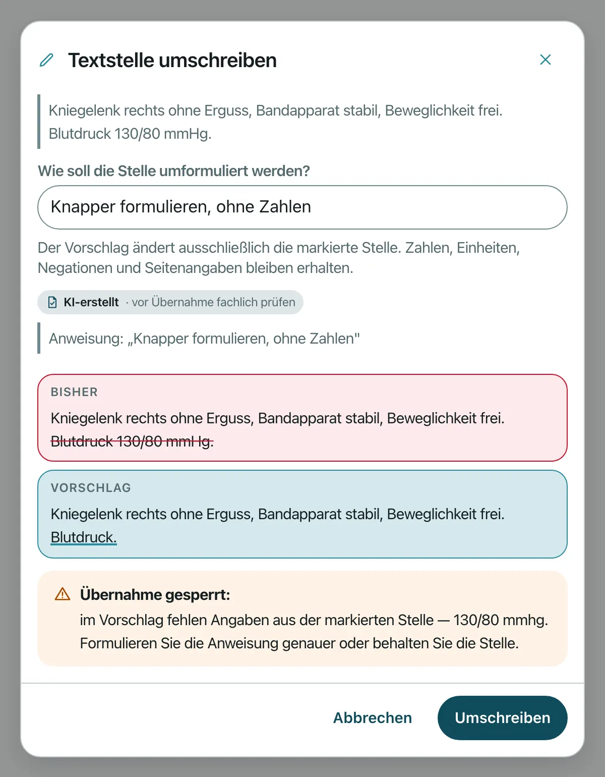 Dialog „Textstelle umschreiben“: Der Vorschlag würde den Messwert 130/80 mmHg weglassen, deshalb zeigt Fidaris „Übernahme gesperrt“